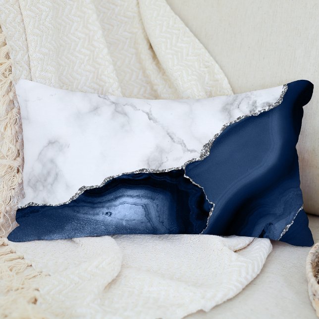 White Marble Navy Blue Agate Silver Glitter Lumbar Pillow (Creator Uploaded)