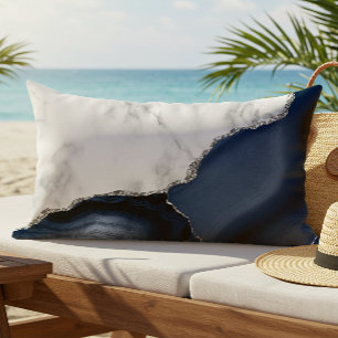 White Marble Navy Blue Agate Silver Glitter Lumbar Pillow