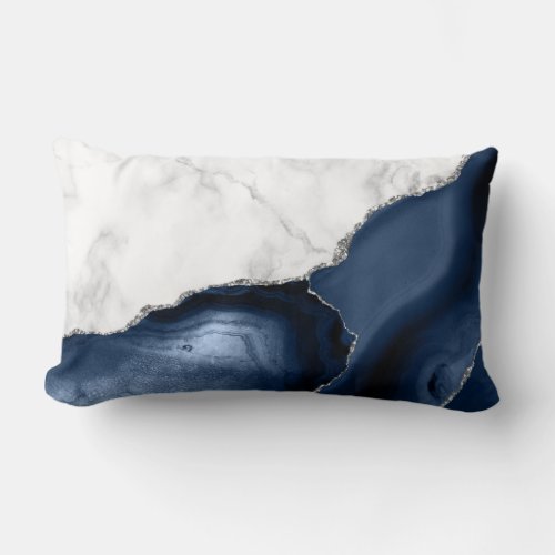 White Marble Navy Blue Agate Silver Glitter Lumbar Pillow