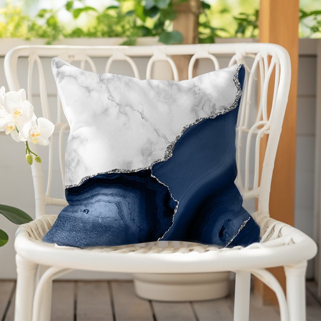 White Marble Navy Blue Agate Silver Glitter Outdoor Pillow (Creator Uploaded)