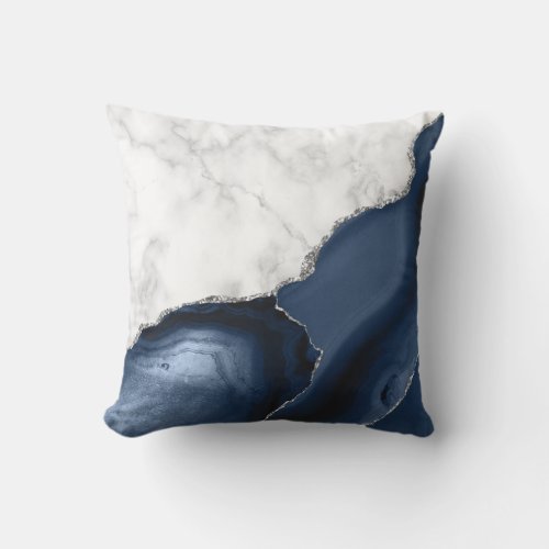 White Marble Navy Blue Agate Silver Glitter Outdoor Pillow