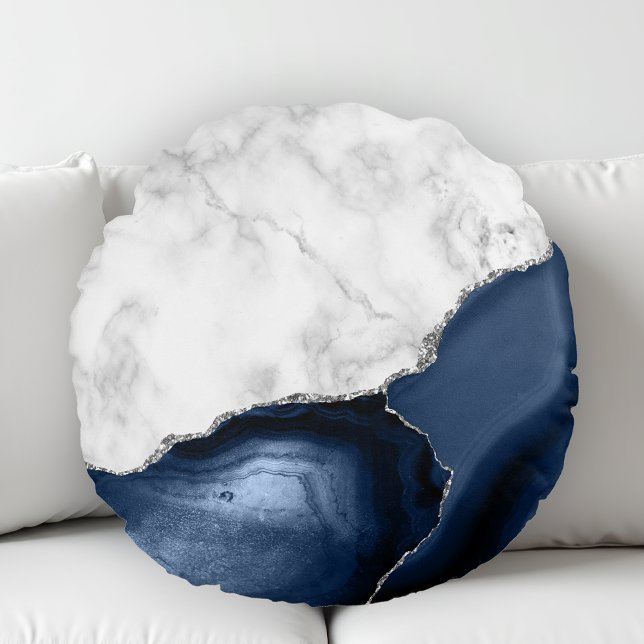 White Marble Navy Blue Agate Silver Glitter Round Pillow (Creator Uploaded)