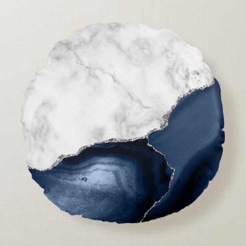 White Marble Navy Blue Agate Silver Glitter Round Pillow