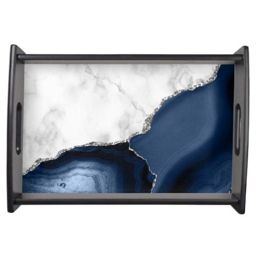 White Marble Navy Blue Agate Silver Glitter Serving Tray
