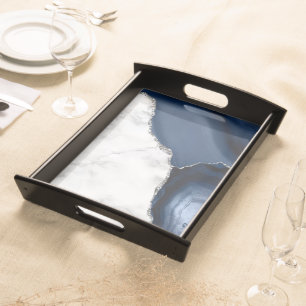 White Marble Navy Blue Agate Silver Glitter Serving Tray