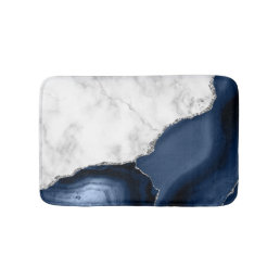 White Marble Navy Blue Agate Silver Glitter Small Bath Mat