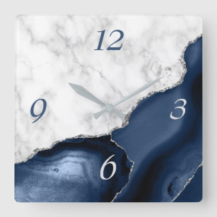 White Marble Navy Blue Agate Silver Glitter Square Wall Clock