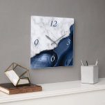 White Marble Navy Blue Agate Silver Glitter Square Wall Clock<br><div class="desc">Elegant modern white marble and navy blue agate trimmed with faux silver glitter combine in this luxurious square wall clock. The numbers 3 and 6 appear in light silver gray on the blue agate background,  while the numbers 9 and 12 appear in blue on the white marble.</div>