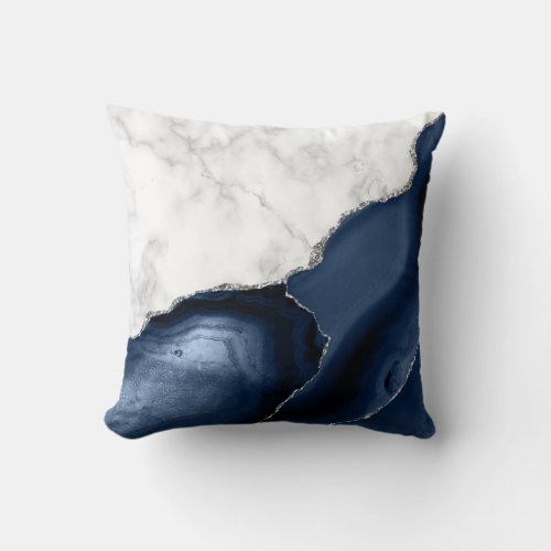 White Marble Navy Blue Agate Silver Glitter Throw Pillow