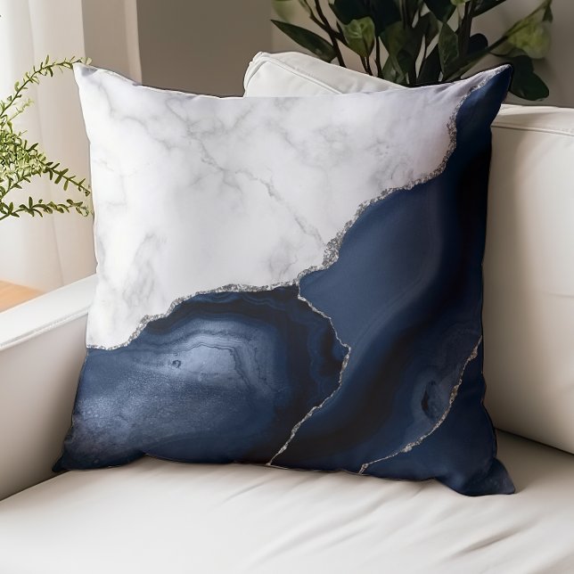 White Marble Navy Blue Agate Silver Glitter Throw Pillow (Creator Uploaded)