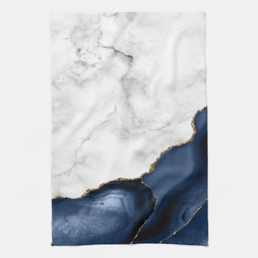 White Marble Navy Blue Gold Agate Kitchen Towel | Zazzle