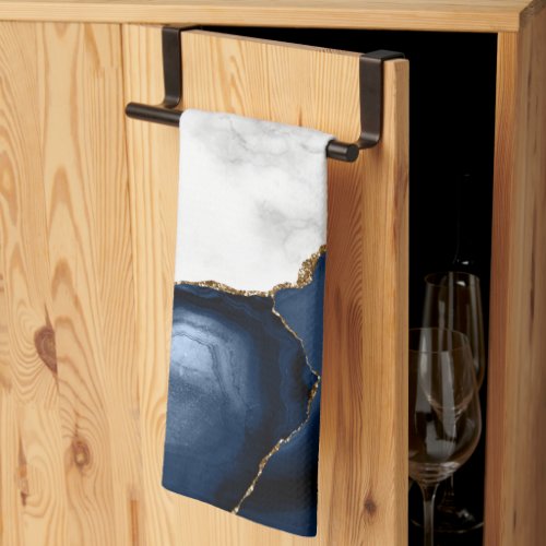 White Marble Navy Blue Gold Agate Kitchen Towel