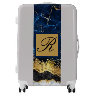 White Marble Navy Blue Gold Agate Monogram Luggage