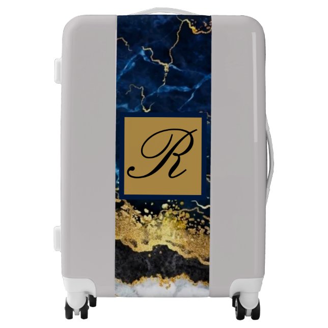 White Marble Navy Blue Gold Agate Monogram Luggage (Front)
