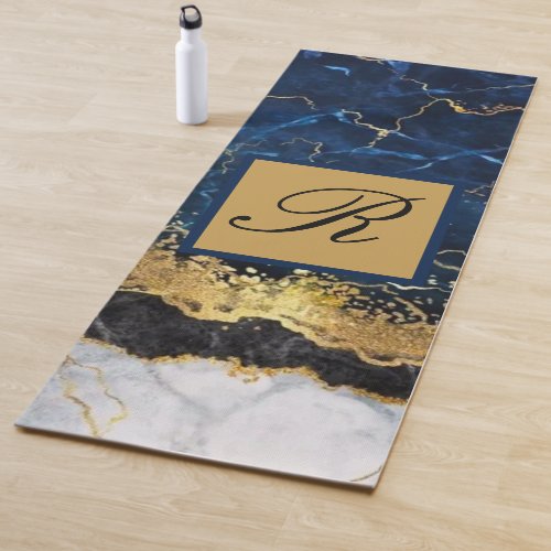 White Marble Navy Blue Gold Agate Monogram Yoga Mat
