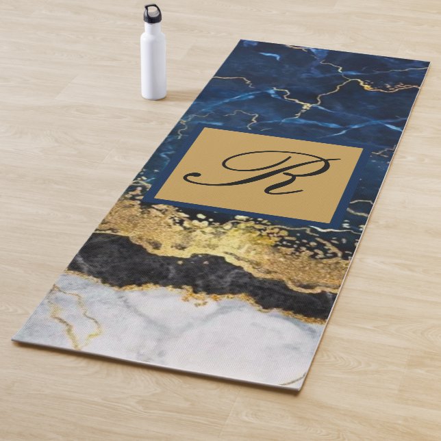 White Marble Navy Blue Gold Agate Monogram Yoga Mat (In Situ)