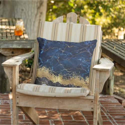 White Marble Navy Blue Gold Agate Outdoor Pillow
