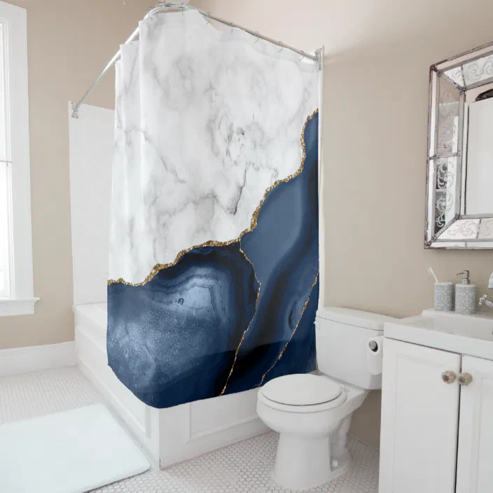 White Marble Navy Blue Gold Agate, Navy Blue Marble Shower Curtain