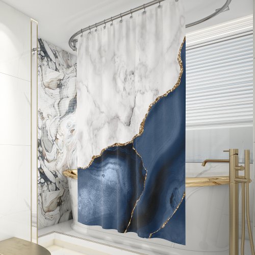 White Marble Navy Blue Gold Agate Shower Curtain