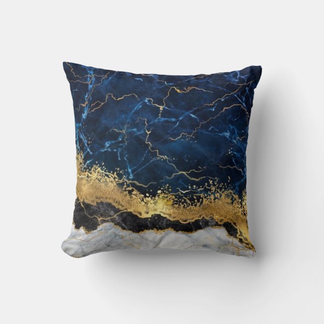 White Marble Navy Blue Gold Agate Throw Pillow (Front)