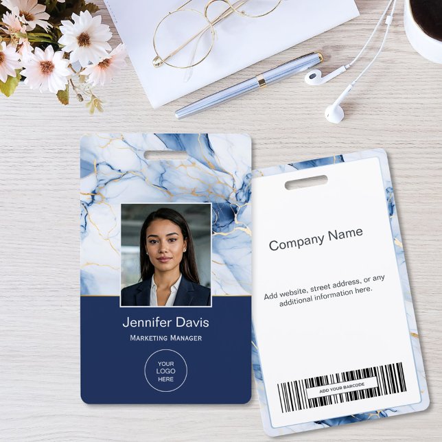 White Marble Navy Blue Gold Custom Name Badge (Creator Uploaded)