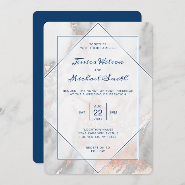 White Marble Navy Blue Rose Gold Elegant Wedding Invitation (Front/Back)