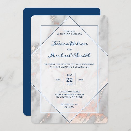 White Marble Navy Blue Rose Gold Elegant Wedding Invitation