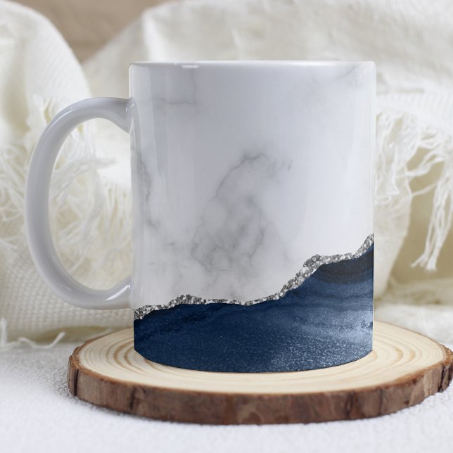 White Marble Navy Blue Silver Agate Coffee Mug (Creator Uploaded)