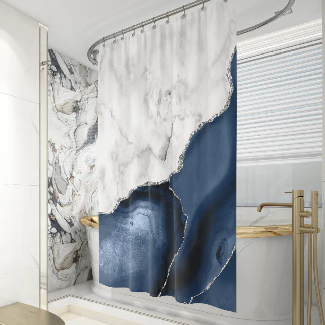 White Marble Navy Blue Silver Agate Shower Curtain | Zazzle