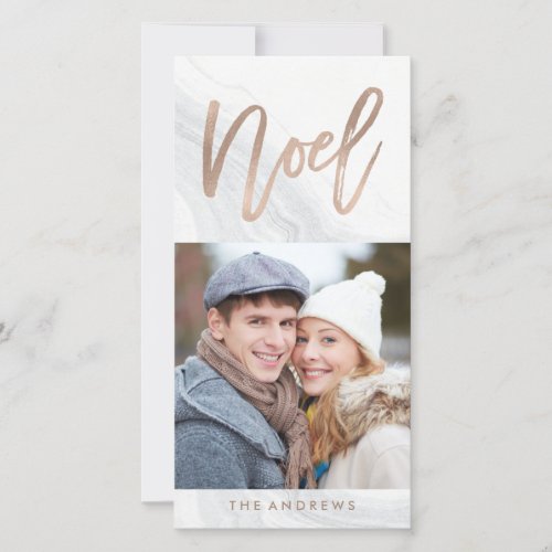 White Marble Noel  Holiday Photo Card in Bronze