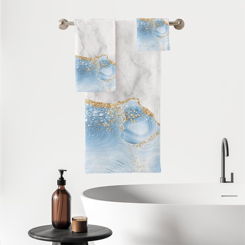 White Marble Pastel Blue Agate Gold Glitter Bath Towel Set