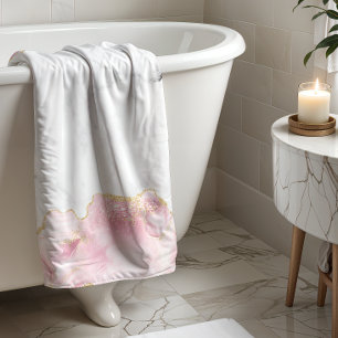 White Marble Pastel Pink Agate Gold Glitter Bath Towel
