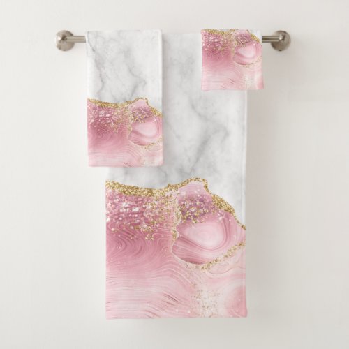 White Marble Pastel Pink Agate Gold Glitter Bath Towel Set