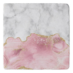 White Marble Pastel Pink Agate Gold Glitter Trivet