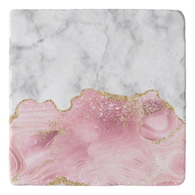 White Marble Pastel Pink Agate Gold Glitter Trivet (Front)