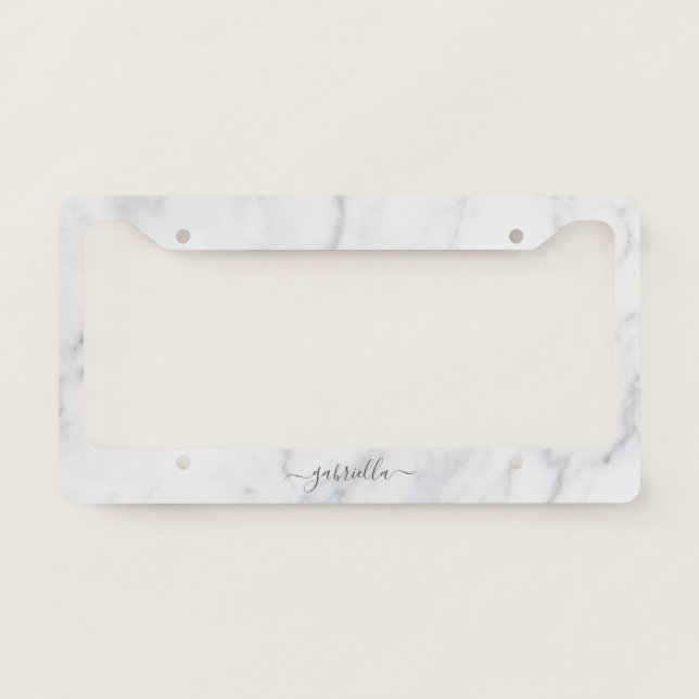 White Marble Pattern Boho Chic Name License Plate Frame (Front)