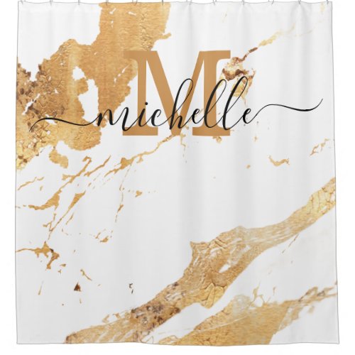 White Marble Pattern Monogram Elegant Script Name  Shower Curtain