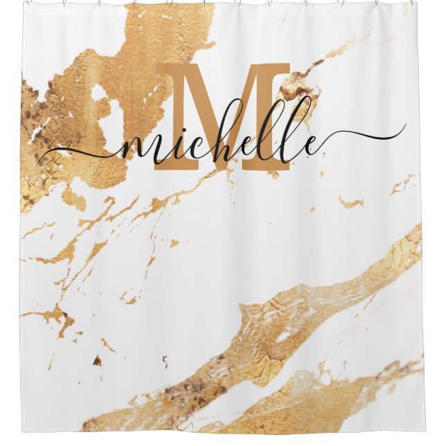 White Marble Pattern Monogram Elegant Script Name  Shower Curtain (Front)