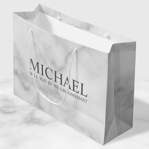 White Marble Personalized Groomsman Proposal Large Gift Bag