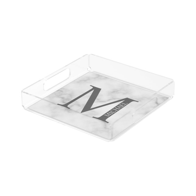 White Marble Personalized Monogram and Name Acrylic Tray (Angled)