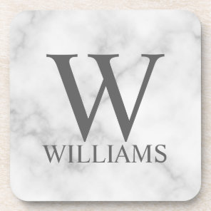 White Marble Personalized Monogram and Name Beverage Coaster