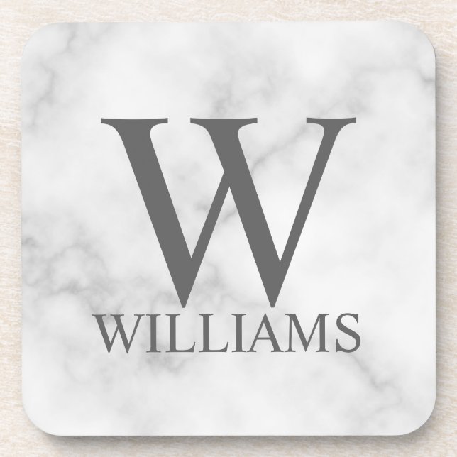 White Marble Personalized Monogram and Name Beverage Coaster (Front)