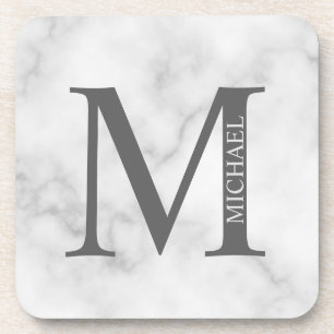 White Marble Personalized Monogram and Name Beverage Coaster