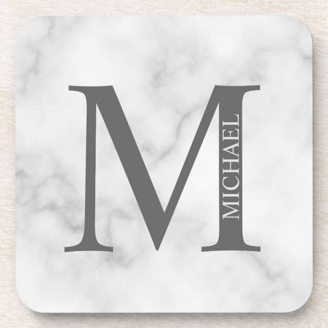 White Marble Personalized Monogram and Name Beverage Coaster (Front)