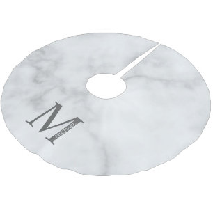 White Marble Personalized Monogram and Name Brushed Polyester Tree Skirt