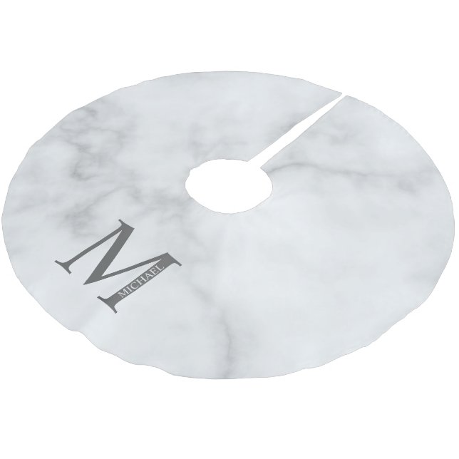 White Marble Personalized Monogram and Name Brushed Polyester Tree Skirt (Angled)