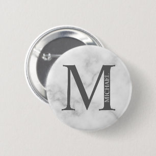 White Marble Personalized Monogram and Name Button