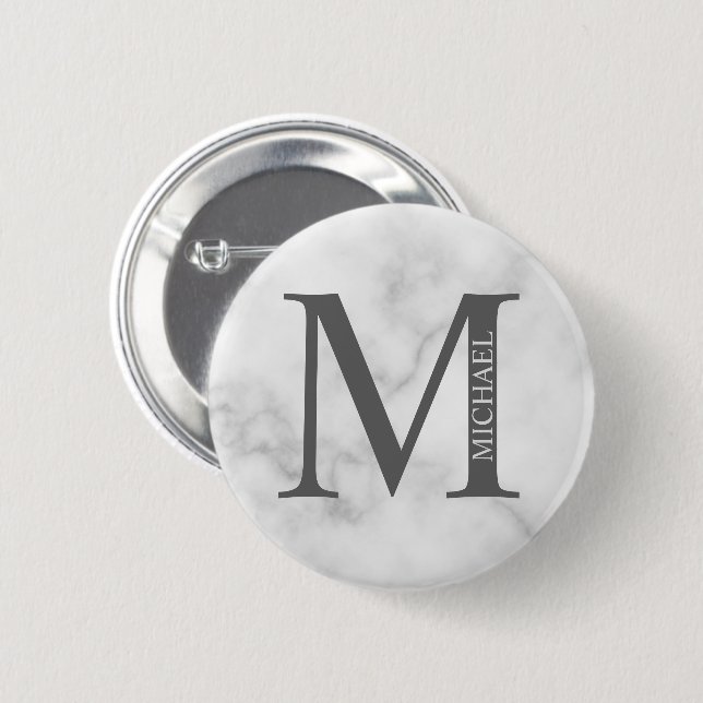 White Marble Personalized Monogram and Name Button (Front & Back)