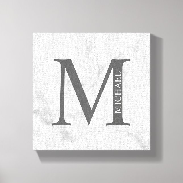 White Marble Personalized Monogram and Name Canvas Print (Front)