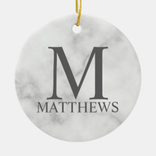 White Marble Personalized Monogram and Name Ceramic Ornament